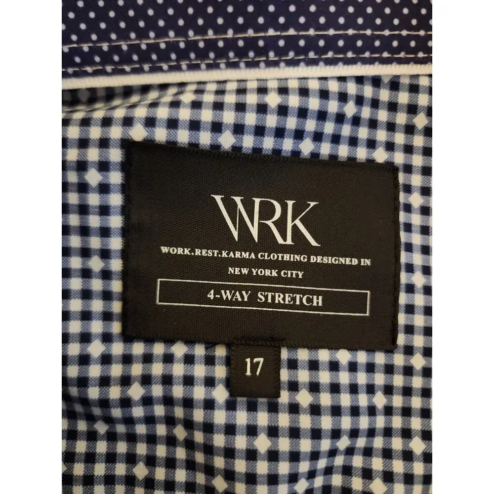 WRK Dress LS Shirt Mens 17 4-Way Stretch Blue Check Flip Cuff Fitted Button